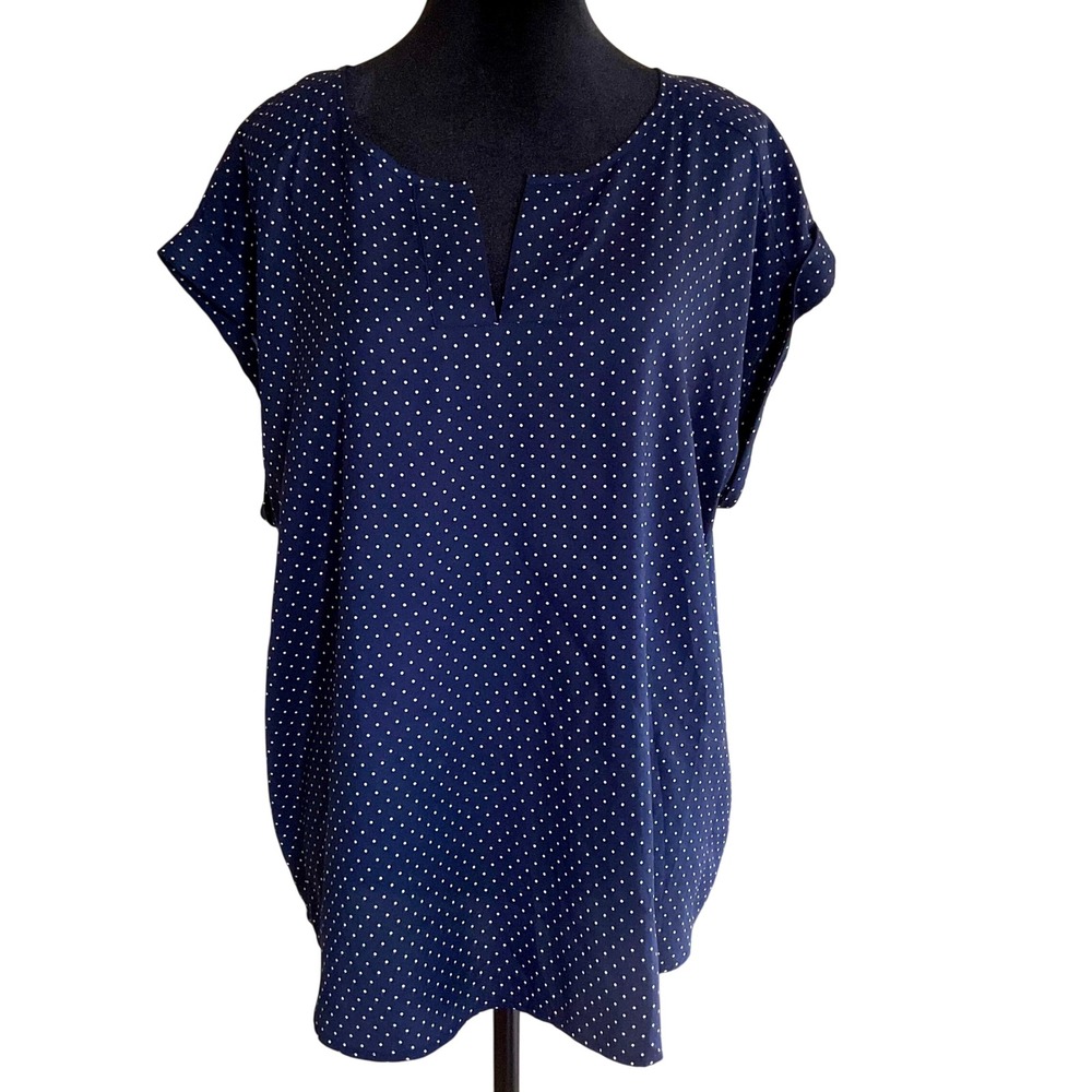New York & Co. 7th Avenue Navy Polka Dot Splitā Neck Blouse XL Nautical Career